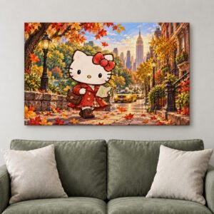 Autumn New York Cat Canvas Wall Art, White Cat and Yellow Taxis, Whimsical Nursery Decor