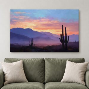 Desert Cactus Canvas Print, Saguaro Sunset Wall Art, Southwest Western Decor