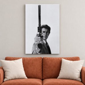 Dirty Harry Inspired canvas wall art over sofa