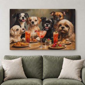 Dogs at Dinner Canvas Print, Funny Dog Dining Wall Art, Colorful Pet Lover Decor