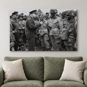 Eisenhower D-Day Canvas Wall Art, General Ike with 101st Airborne Paratroopers June 1944 Photo Print, WW2 Military Histo