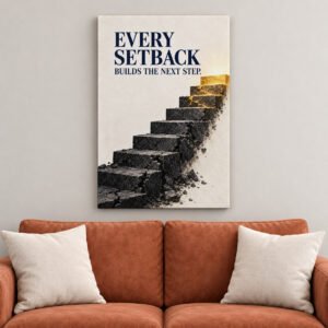 Every Setback Builds The Next Step Stone Stairs canvas wall art over sofa