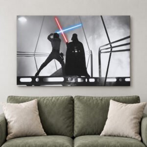 Galactic Duel Canvas Wall Art: Sci Fi Sword Battle Scene - Heavyweight Artist-Grade Canvas, Fade Resistant Ink