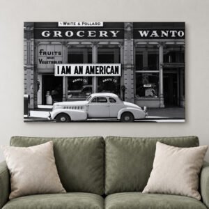 I Am An American Dorothea Lange 1942 Photo Canvas Wall Art, Vintage Oakland Grocery Store Black and White Print, History