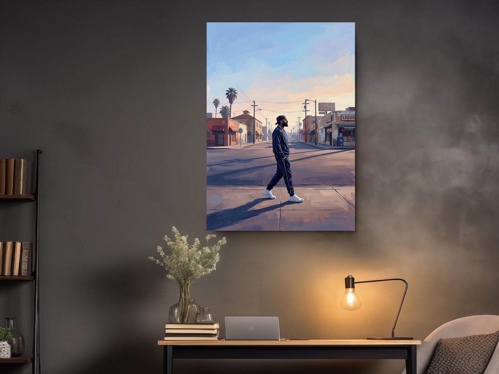Canvas wall art hanging on a dark wall