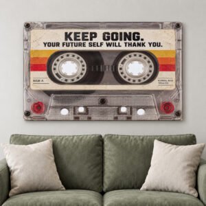 Keep Going Retro Cassette Motivational Canvas Wall Art Vintage Office Decor