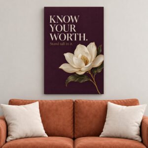 Know Your Worth Magnolia canvas wall art over sofa