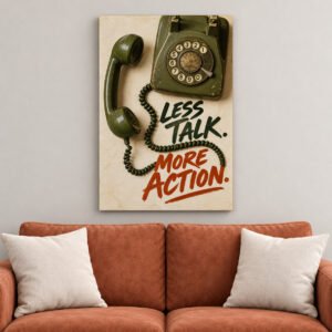 Less Talk More Action Vintage Rotary Phone canvas wall art over sofa
