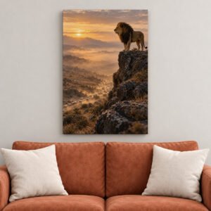 Lion on Cliff at Sunrise canvas wall art over sofa