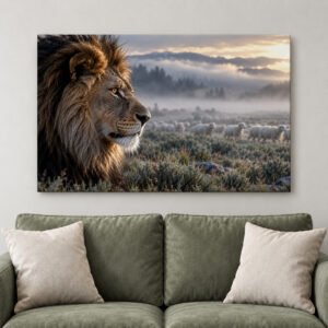 Majestic Lion and Sheep Meadow Canvas Wall Art Wildlife Nature Living Room Decor