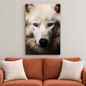 Majestic White Wolf canvas wall art over sofa