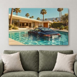 Mid Century Desert House Classic Car Pool Canvas Wall Art Retro Home Decor Print
