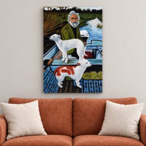Old Man with Two Dogs and Boat canvas wall art over sofa