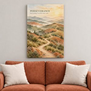 Perseverance Mountain Path Watercolor canvas wall art over sofa