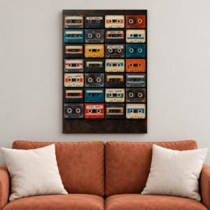 Retro Cassette Tapes Motivational canvas wall art over sofa