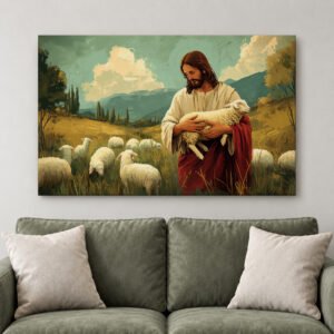 Shepherd Wall Art: Jesus Holding Lamb Canvas, Peaceful Biblical Scene | Handcrafted Print, Faith Decor