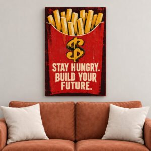 Stay Hungry Build Your Future French Fries canvas wall art over sofa