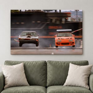 Street Racing Cars Canvas Wall Art, Muscle Car and Sports Car Duo Print, Automotive Movie Decor for Garage and Game Room