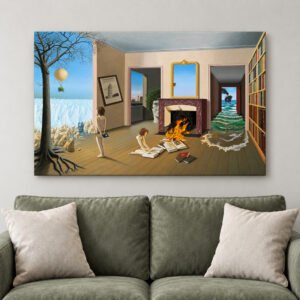 Surreal Room Canvas Wall Art, Magic Realism Painting Print, Girls Reading by Fireplace with Sea and Balloon, Dreamy Libr