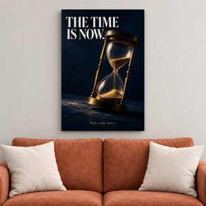 The Time Is Now Gold Hourglass canvas wall art over sofa