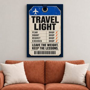 Travel Light Luggage Tag Motivational canvas wall art over sofa