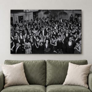 Vintage Hotel Ballroom Canvas Wall Art, Black and White Horror Movie Scene Print, Cinematic Decor for Home Theater and O